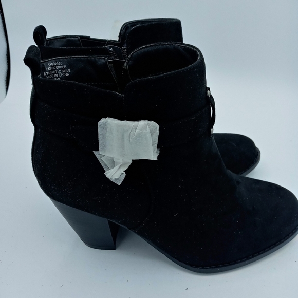 Torrid Black Wood Block Heel Bootie with Buckle studs and strap accents zip up - Picture 4 of 11